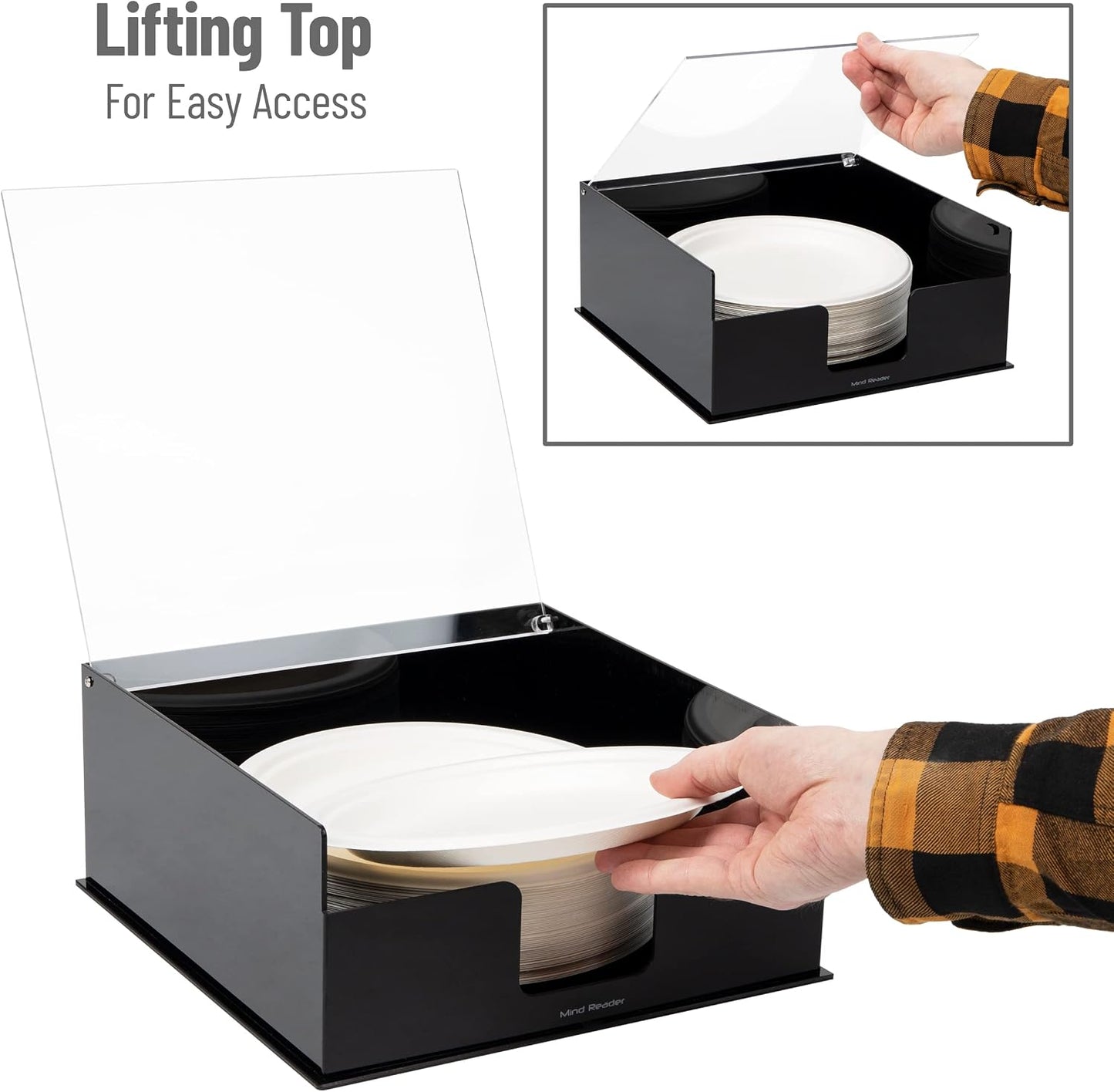 Mind Reader Utensil Napkin and Plate Organizer Tray, Countertop Caddy with 7 Compartments, Holds Plates up to 10.5 Inches, Breakroom and Buffet Organizer, Plastic, Black