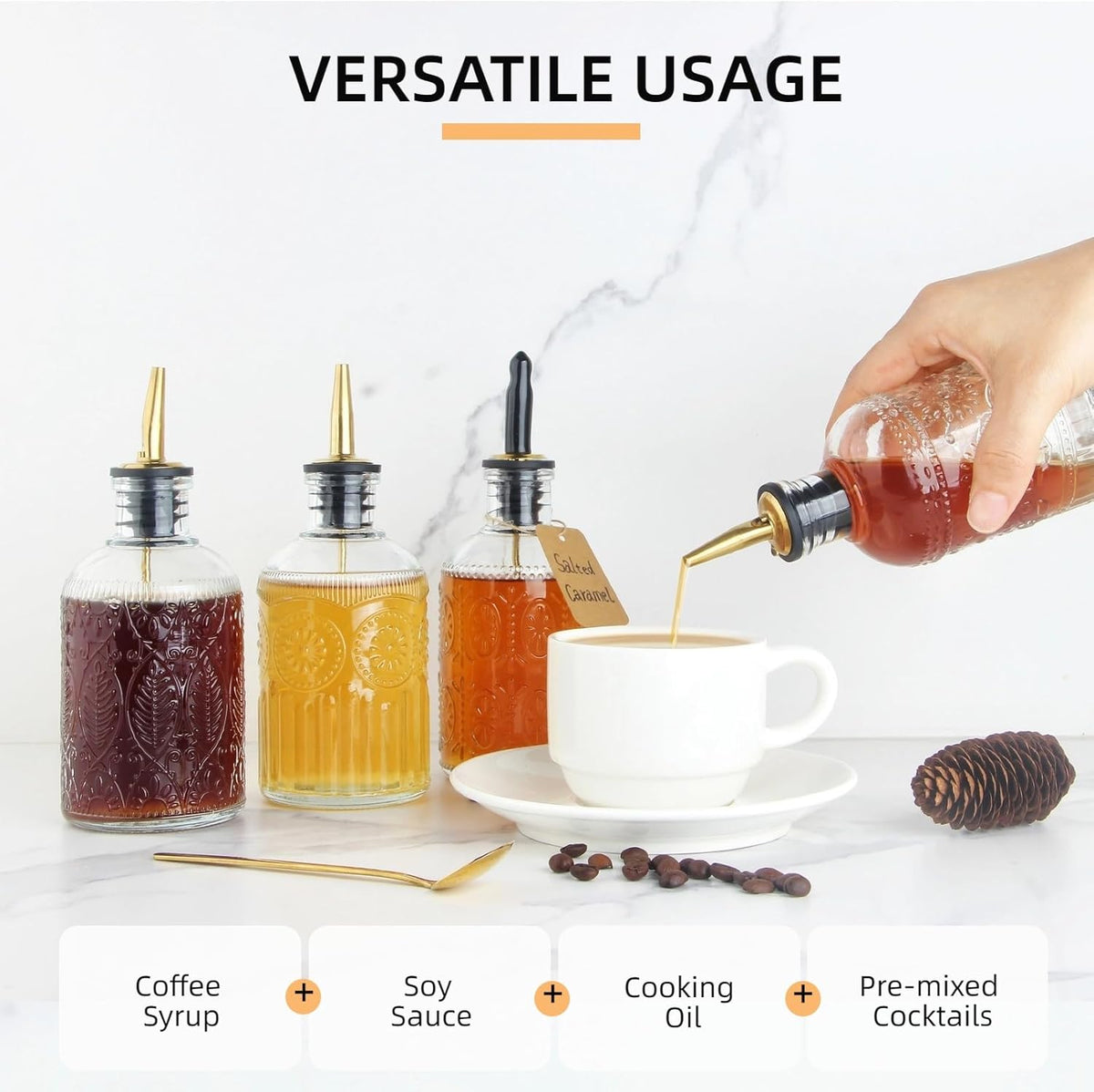 Simple Syrup Bottles Set of 4, Glass Coffee Syrup Dispenser Bottles 7 OZ With Metal Pour Spout, Labels and Stopper, Glass Syrup Dispenser for Maple Honey Syrup Oil and Sauces, LC004 (4 Pack)
