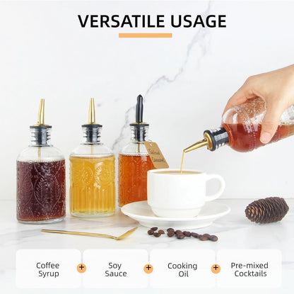 Simple Syrup Bottles Set of 4, Glass Coffee Syrup Dispenser Bottles 7 OZ With Metal Pour Spout, Labels and Stopper, Glass Syrup Dispenser for Maple Honey Syrup Oil and Sauces, LC004 (4 Pack)