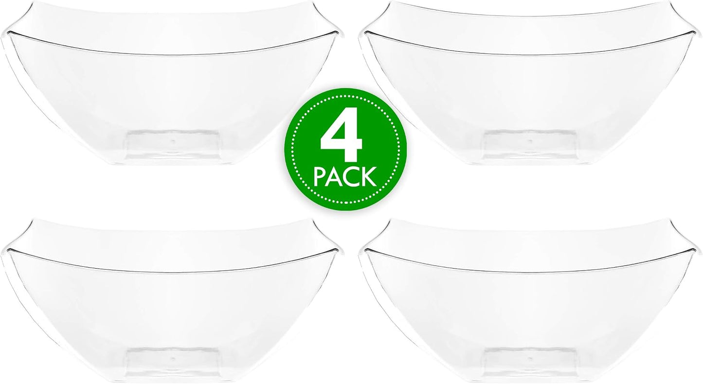 PLASTICPRO Disposable Square Serving Bowls, Party Snack or Salad Bowl, Plastic Clear or White Pack of 4 (16 OUNCE, White)