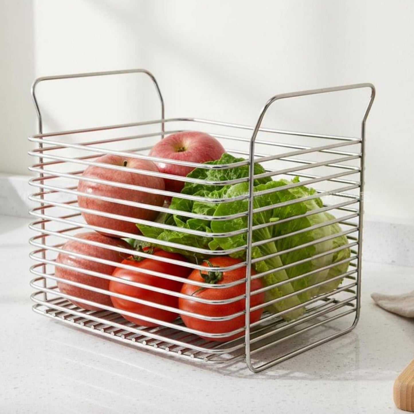 Metal Wire Organizer Bin with Handles Multipurpose Stainless Steel Storage Basket Rust-Resistant Stackable Pantry Basket for Cabinet, Square Tall