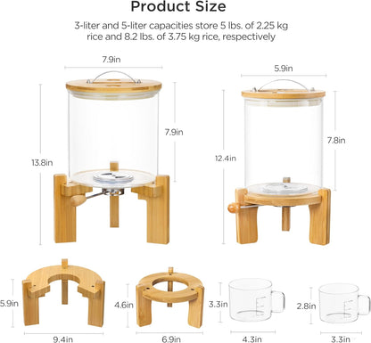 HBlife 5-7 Lbs Glass Rice Dispenser with Wooden Stand Flour and Cereal Container with Glass Measuring Cup Pantry Food Organization Storage Bin with Airtight Bamboo Lid, 3L