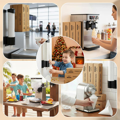 Roshtia 600 Pcs 4 oz Snow Cone Cups Paper Thicken Disposable with 1 Cups Dispenser Pull Type Wall Mount Cup Holder Paper for Restaurants, Home, and Office, and Shaved Ice, Cold (Black)