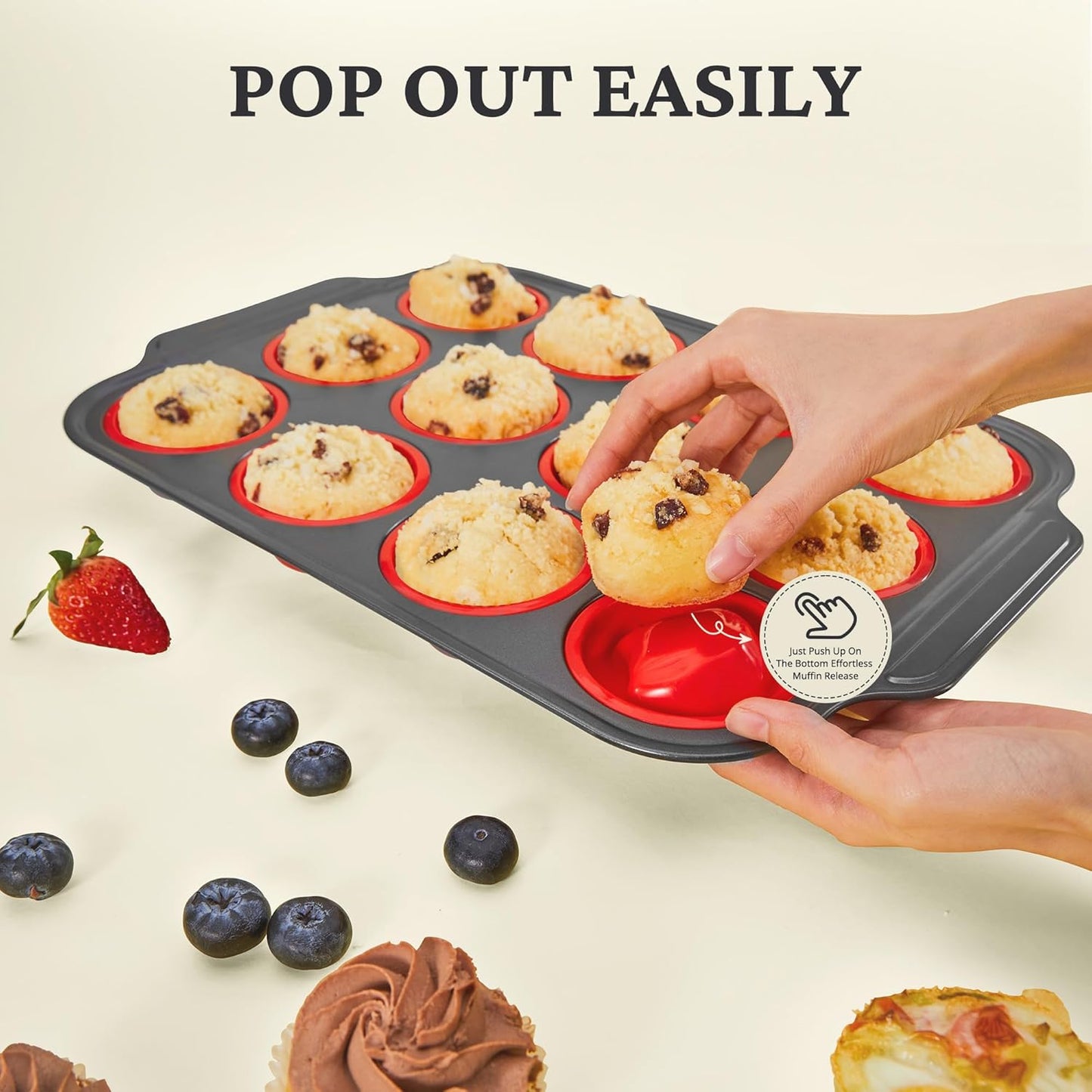 BRONYPRO Silicone Muffin Pans for Baking with Metal Frame, Egg Bite Molds, Cupcake Pans 12 Regular Size, Muffin Tins Easy to Pop Nonstick Non Toxic Bakeware for Oven,Blue