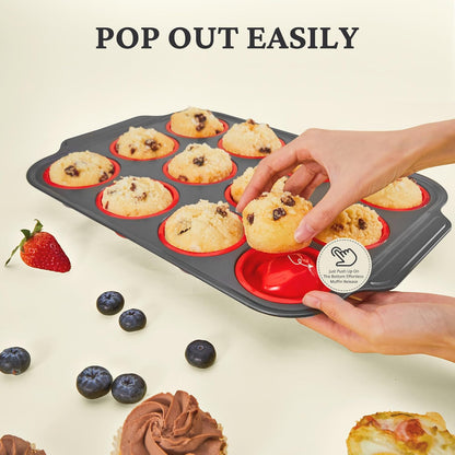 BRONYPRO Silicone Muffin Pans for Baking with Metal Frame, Egg Bite Molds, Cupcake Pans 12 Regular Size, Muffin Tins Easy to Pop Nonstick Non Toxic Bakeware for Oven,Blue