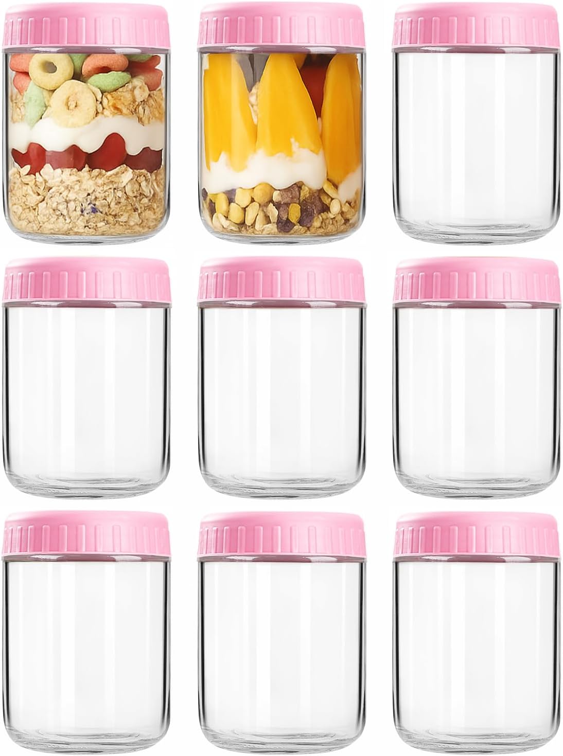 Overnight Oats Containers with Lids, 10oz Wide Mouth Mason Jars with Lids, 9 Pack Glass Jars with Airtight lid for Chia Pudding Yogurt Salad, Meal Prer Oatmeal Jars, Pink