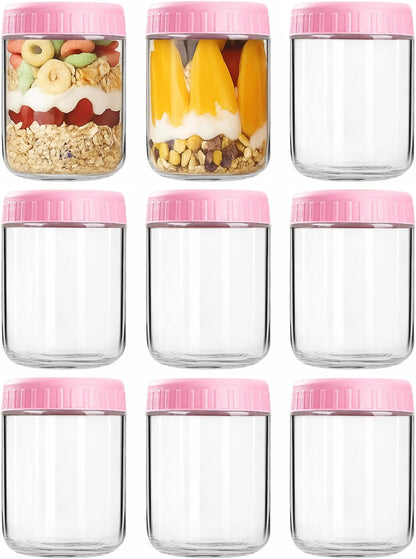 Overnight Oats Containers with Lids, 10oz Wide Mouth Mason Jars with Lids, 9 Pack Glass Jars with Airtight lid for Chia Pudding Yogurt Salad, Meal Prer Oatmeal Jars, Pink