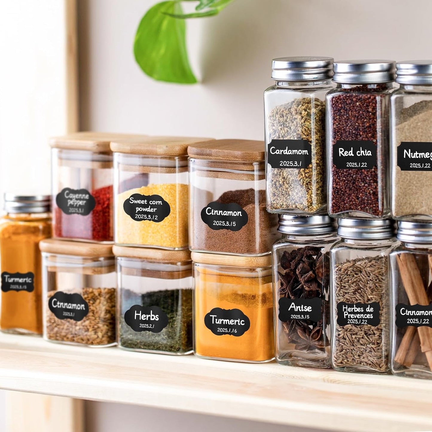 Segarty Food Label Stickers, 300 Pcs Blank Expiration Date Stickers to Write On, with 1 Black Pen, Waterproof Removable Freezer Labels for Glass Spice Jars, Canister, Food Container
