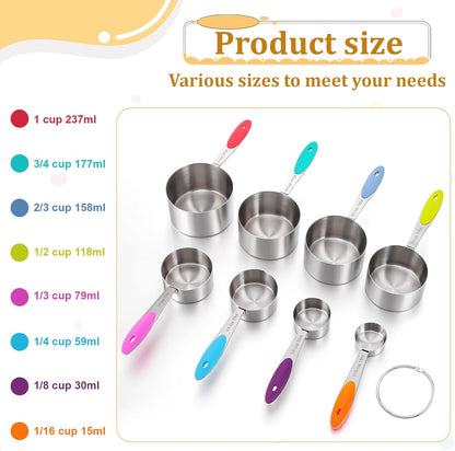 8 PCS Stainless Steel Measuring Cup Set, with Storage Ring, Non-Slip, Stackable, Kitchen Measuring Gadget tool for Cooking Baking, Measure Dry/Wet Ingredients and Liquid, Multicolor, Dishwasher Safe