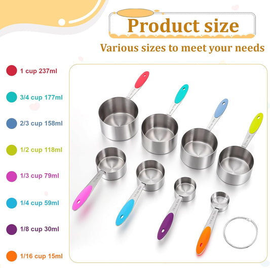 8 PCS Stainless Steel Measuring Cup Set, with Storage Ring, Non-Slip, Stackable, Kitchen Measuring Gadget tool for Cooking Baking, Measure Dry/Wet Ingredients and Liquid, Multicolor, Dishwasher Safe