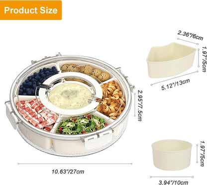 Divided Serving Tray with Lid and Handle, 360° Rotating Snackle Box Container, Stackable Storage Box for Fruit Candy Veggie Spice, Portable Organizer for Kitchen Party Travel Picnic, 10.63x2.95 Inch