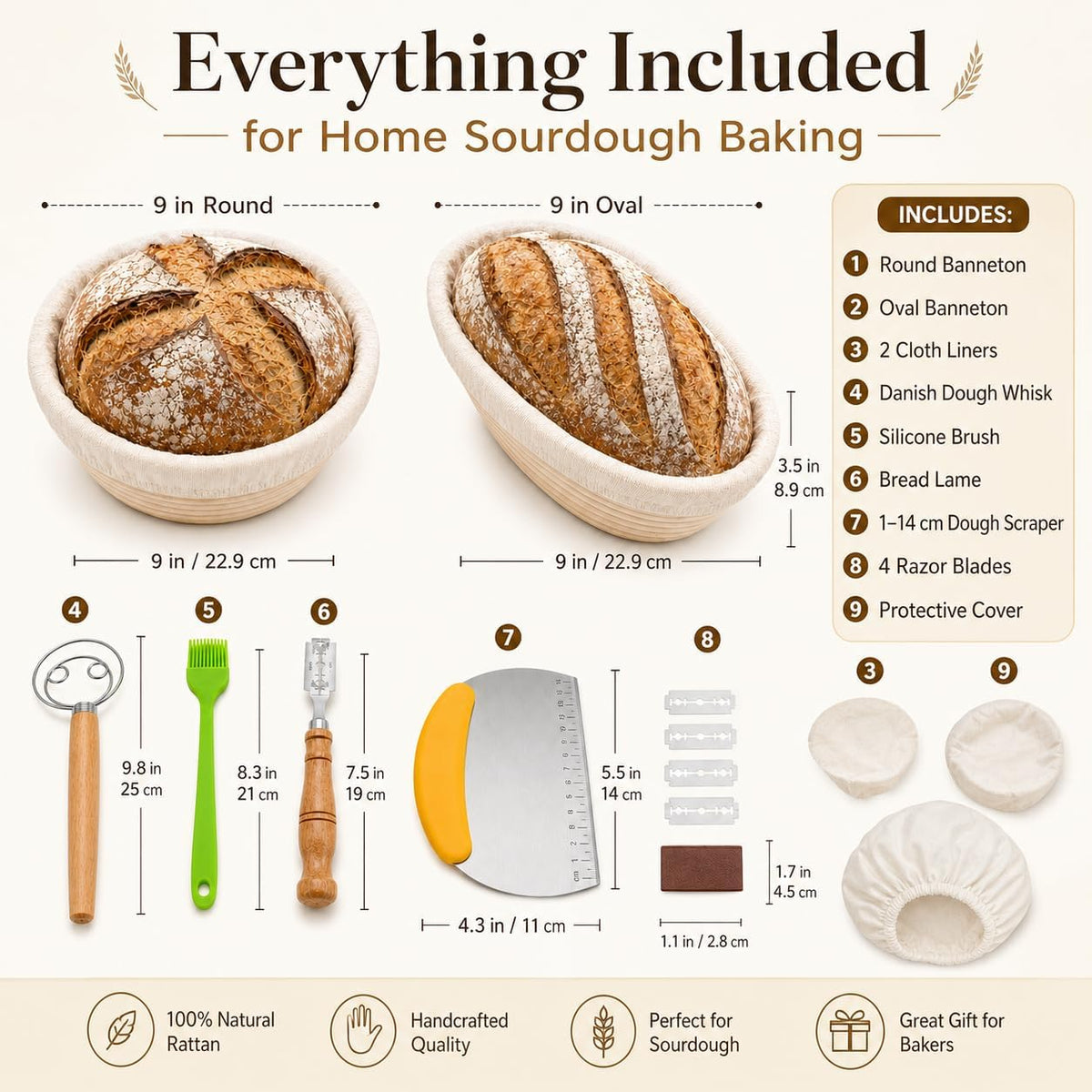 Banneton Bread Proofing Basket Set, 2 Pack 9 Inch Round & Oval