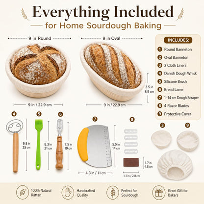 Banneton Bread Proofing Basket Set, 2 Pack 9 Inch Round & Oval