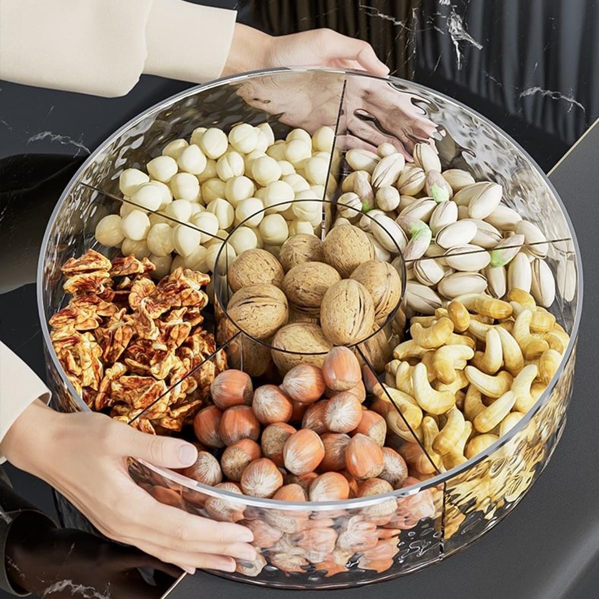 Rotating Snack Tray with Lid 6 Compartments Food Storage Organizer for Dried Fruits, Nuts, Candies, Veggie, Cookies Snack Serving Tray