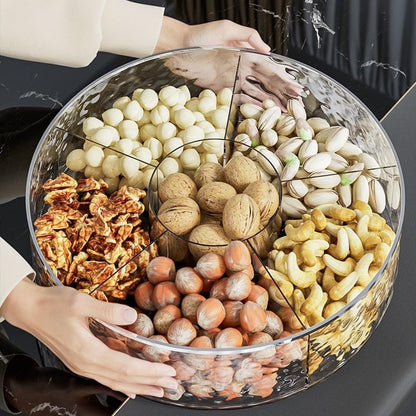 Rotating Snack Tray with Lid 6 Compartments Food Storage Organizer for Dried Fruits, Nuts, Candies, Veggie, Cookies Snack Serving Tray