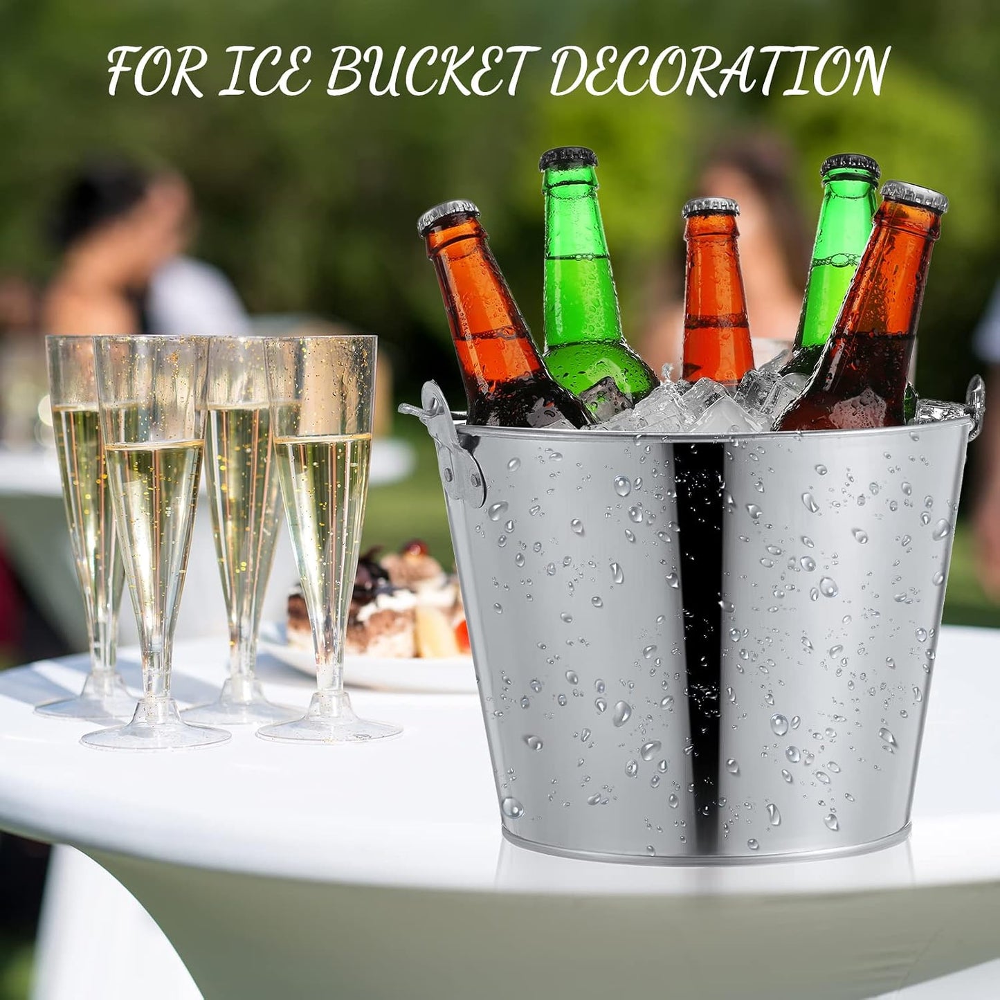 Zopeal 12 Pcs Galvanized Beer Bucket Set, Includes 8 Metal Ice Buckets 5qt with 2 Scoops & 2 Tongs, Round Slive Pails Bulk for Weddings Birthday Beach Pool Party Supplies Summer Table Centerpieces