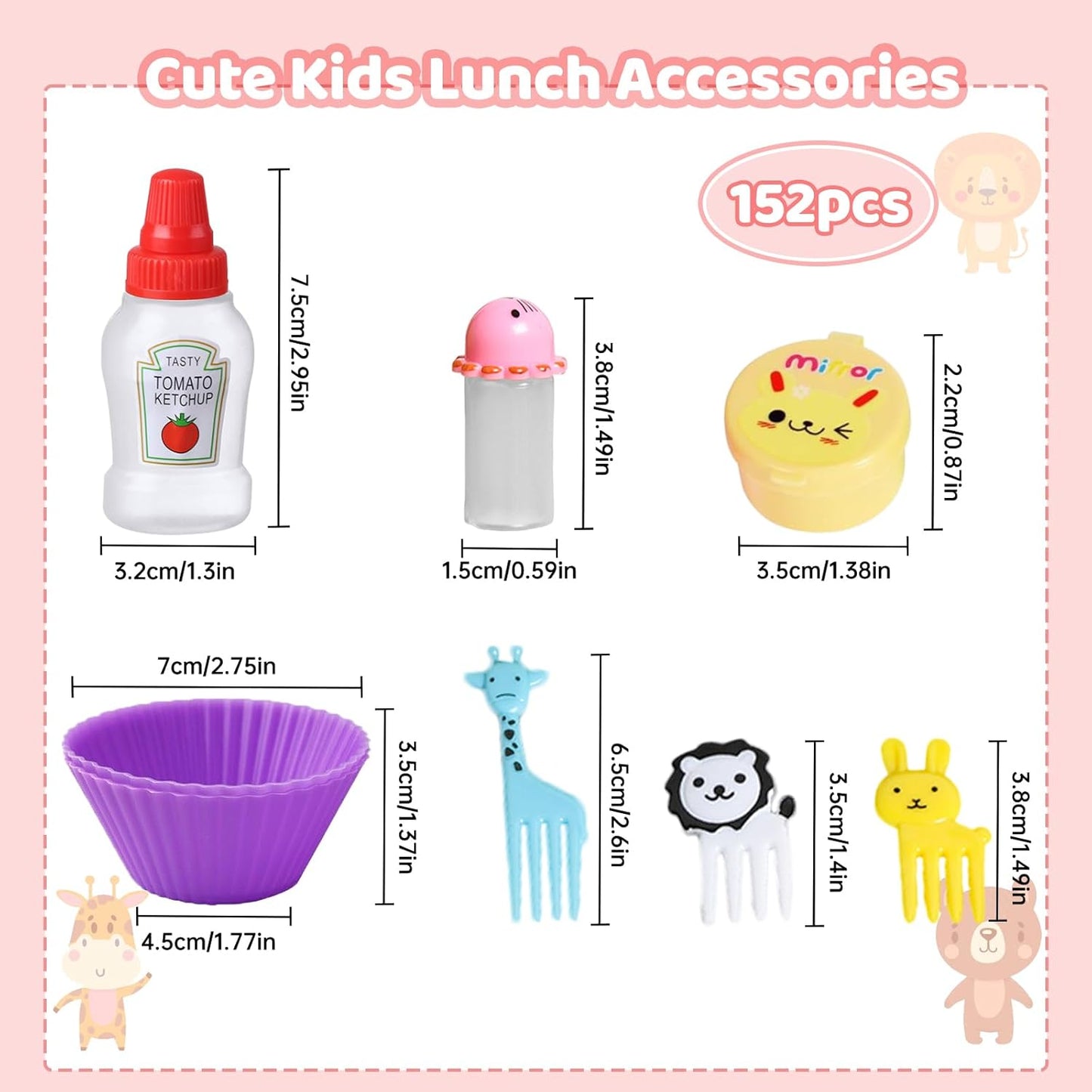 152 Pcs Bento Box Accessories Kids Mini Sauce Bottles Including Food Picks Mini Condiment Ketchup Squeeze Bottles Reusable Animal Fruit Food Toothpicks for Camping Office Accessories
