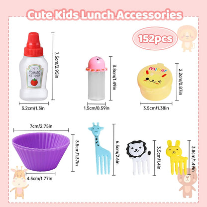 152 Pcs Bento Box Accessories Kids Mini Sauce Bottles Including Food Picks Mini Condiment Ketchup Squeeze Bottles Reusable Animal Fruit Food Toothpicks for Camping Office Accessories