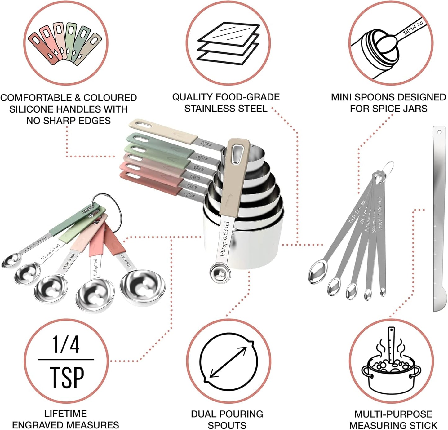 CuttleLab 22-Piece Stainless Steel Measuring Cups and Spoons Set, Tad Dash Pinch Smidgen Drop Mini Measuring Spoons, Measuring Stick Leveler, Measurement Conversion Chart Fridge Magnet, (Charcoal)