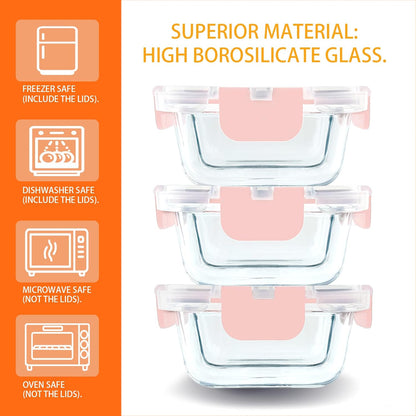 Bariatric Meal Prep Containers, 8 oz Bariatric Portion Control Food Storage Containers with Two 4 oz Compartments (3 Pack), Reusable Glass Snack Containers with BPA Free Airtight Lids