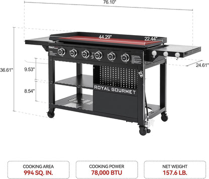 6-Burner Propane Gas Grill Griddle with Foldable Side Tables, 44-Inch Flat Top Grill with Double-Layer Bottom, Ideal for Outdoor Cooking, Black, GB6000-SC