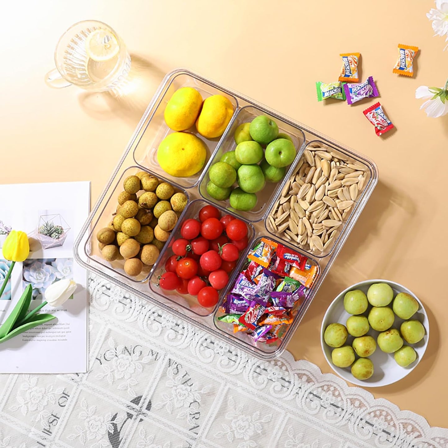 Divided Serving Tray with Lid & Handle, 4 Compartment Removable Snack Box, Kitchen Organizers and Storage, Snackle Box Container, BPA-Free Fruit Storage Container for Berry, Snack, Candy, Nuts…