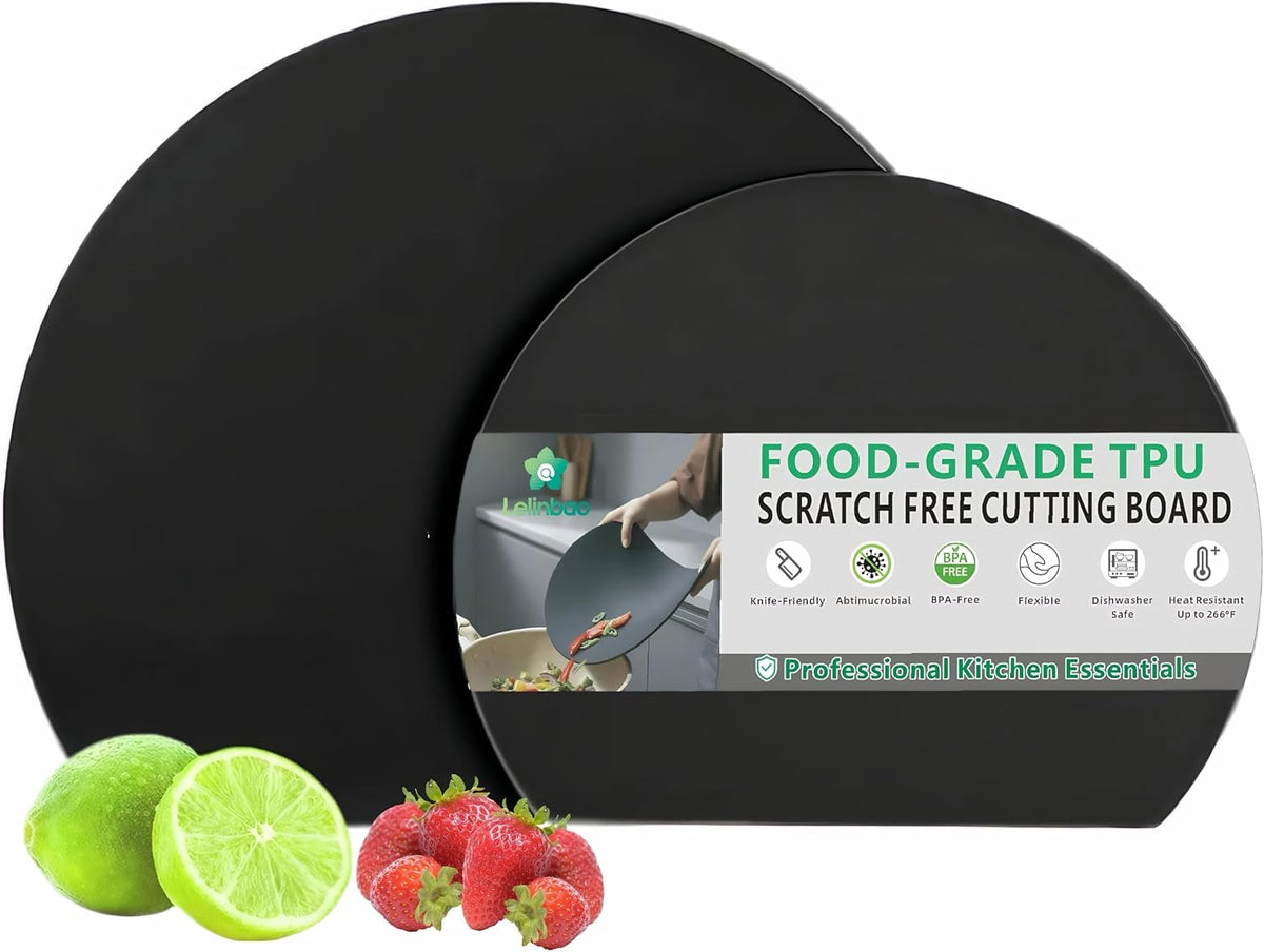 TPU Cutting Boards, Flexible, Non-slip Chopping Boards for Kitchen, Knife-Friendly & Dishwasher Safe Cutting Mat for Meat, Vegetables & Fruits (2PCS, Gray/Black-D Shape)