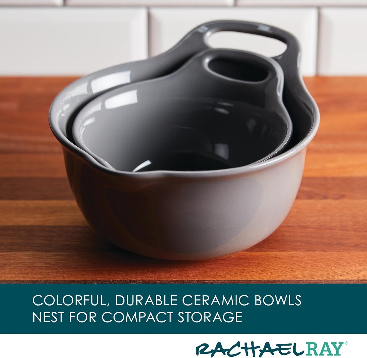 Rachael Ray Ceramics Nesting Mixing Bowl Set with Pour Spout, 1 Quart and 2 Quart, Teal