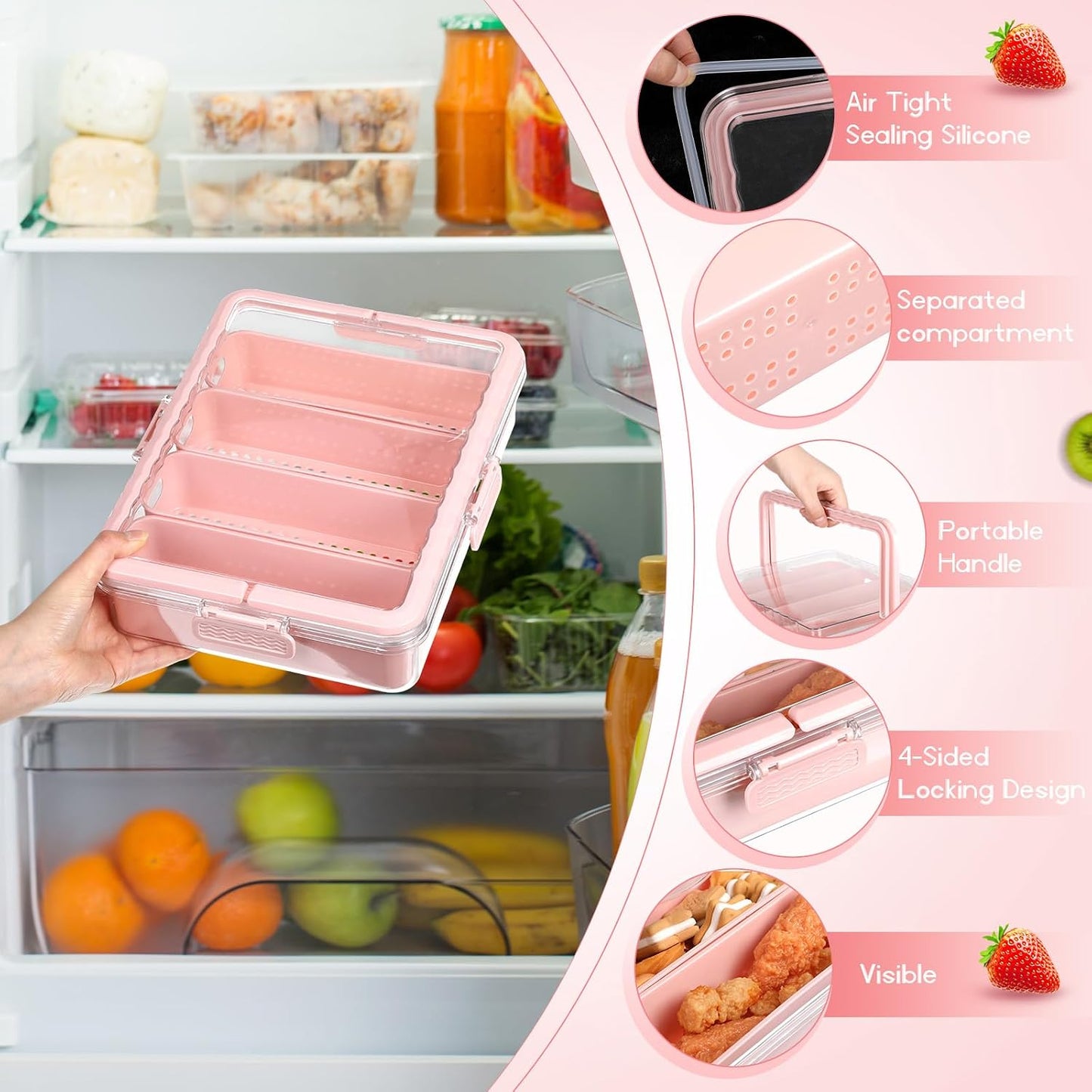 LemonRoad 2 Pack Divided Serving Tray with Lid and Handle 4 Compartment Snackle Box Charcuterie Board Container, Portable Organizer for Veggies, Fruit, Candy for Picnic, Party Travel (Pink)