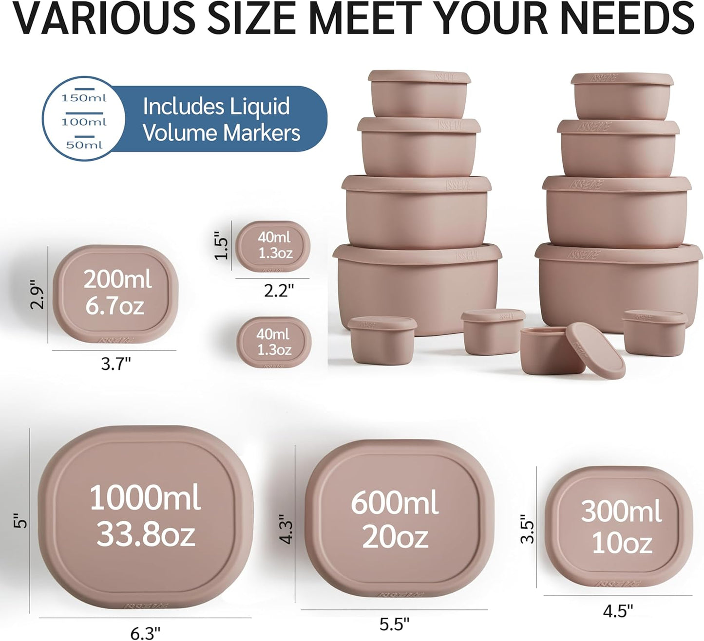 ISSEVE 12Pcs/Set Nesting Silicone Food Storage Containers with Lids, BPA Free Reusable Meal Prep Silicone Containers Airtight, Freezer Dishwasher Safe (33.8oz, 20oz, 10oz, 6.7oz, 1.3oz) (Beige)