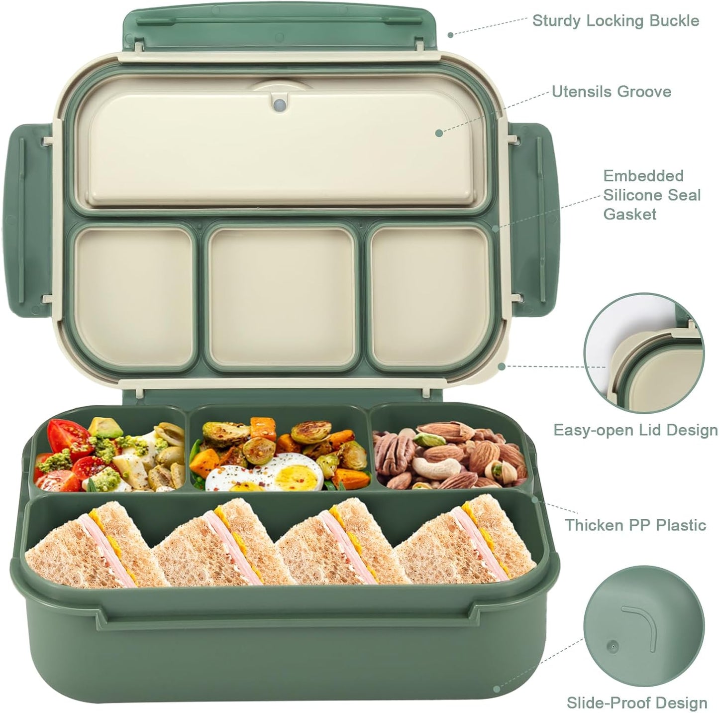 Bento Box Adult Lunch Box, Lunch Containers for Kids Girls Boys with 4 Compartments, Lunchable Food Container with Utensils, Sauce Jar, Muffin Liners, 40 Oz/5 Cup, Microwave Safe, Lavender