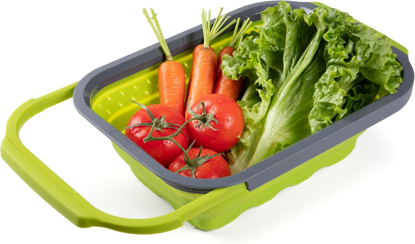 PrepSolutions Collapsible Silicone Over-the-Sink 6- Qt Colander, Green/Black - Space-Saving Kitchen Strainer for Draining