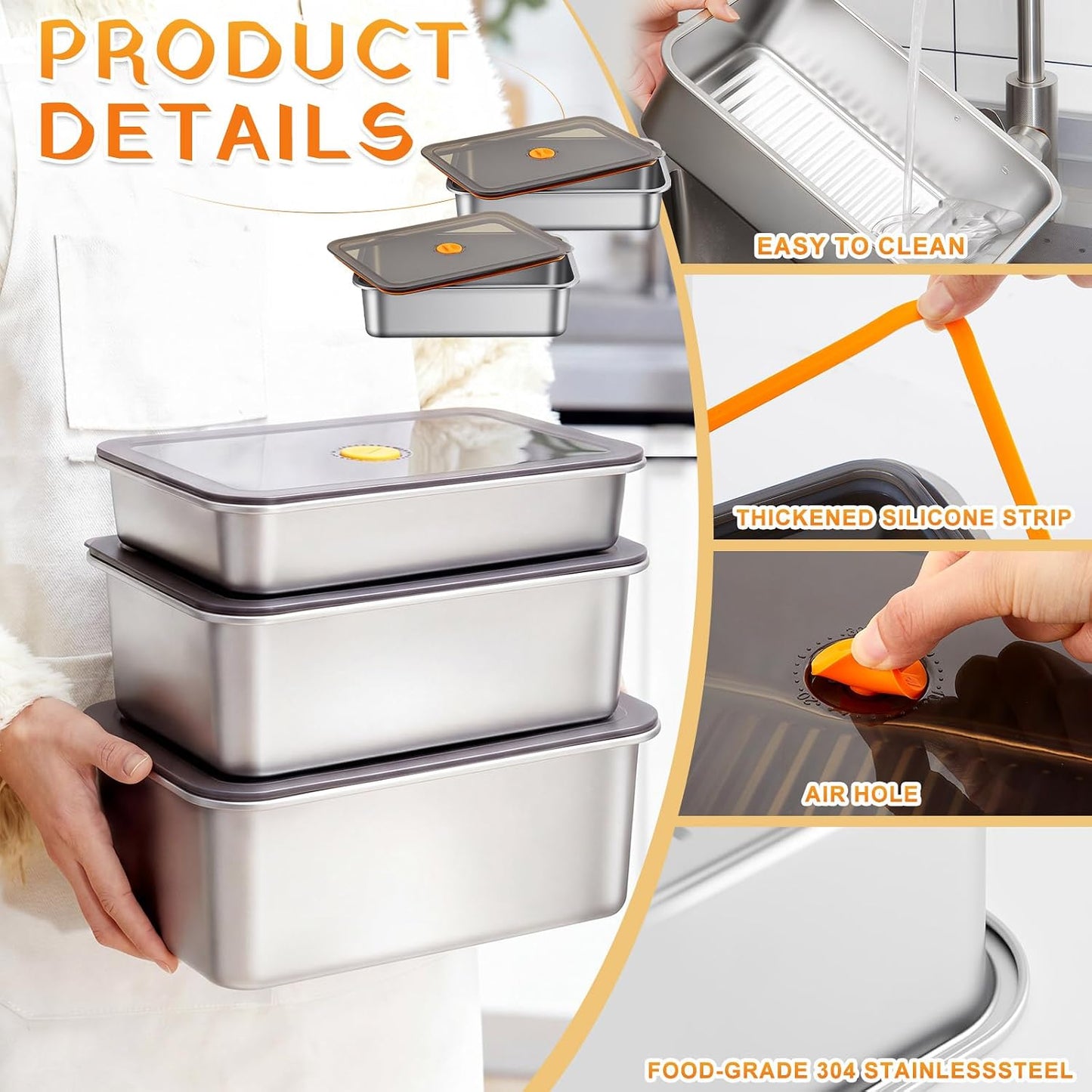 Reallnaive 2 Pcs Stainless Steel Marinade Containers with Lid, 5.6 Qt Metal Meat Brining Containers, Brining Prep Storage Box Dishwasher Safe Bpa Free for BBQ Tailgates Storage