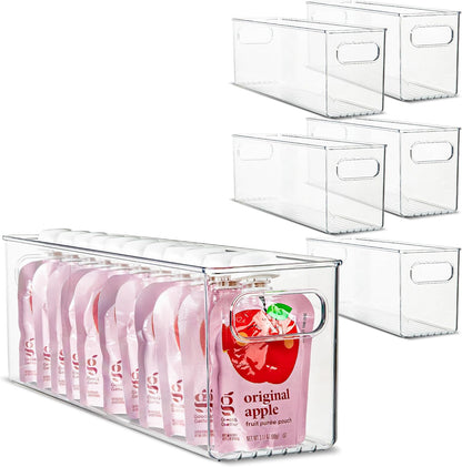 Plastic Food Storage 4 Pack Clear Container Bin with Handles for Organizing Kitchen, Pantry, Refrigerator, Freezer, Pantry, Cabinet, Closet, Bathroom. Stackable 10”x6”x3”