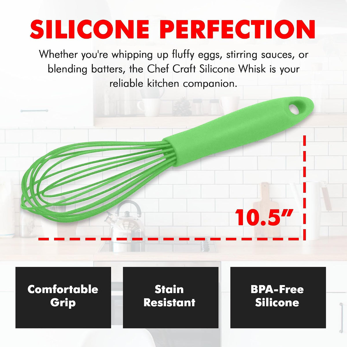 Chef Craft Premium Silicone Wire Cooking Whisk, 10.5 Inch, Red