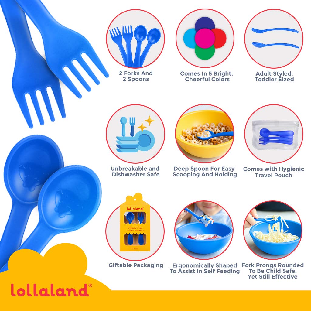 Lollaland 5 Piece Plastic Toddler Silverware Spoon and Fork Utensil Set - Reusable Toddler Cutlery With Hygienic Travel Pouch (Pink)