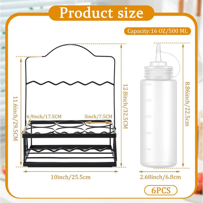 Kathfly Condiment Caddy with 6 Squeeze Bottle, 16 oz Squeeze Bottle Holder Countertop Organizer for Kitchen, Bar, BBQ, Picnic Steel Holder with Portable Handle, Food Grade PE Bottles