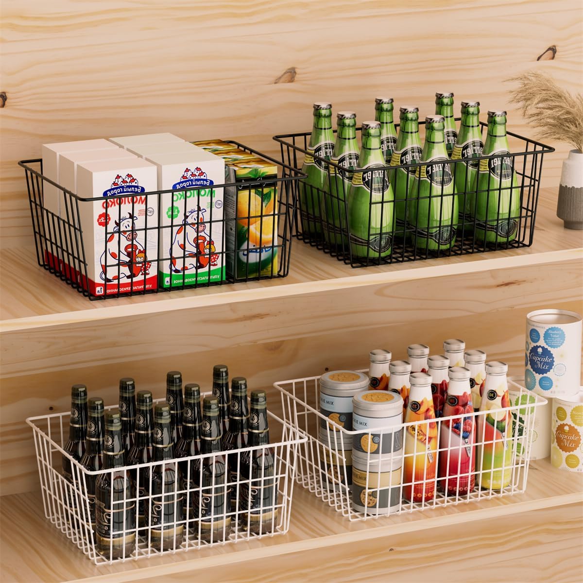 SANNO Freezer Baskets for Storage Pantry Large Metal Wire Food Storage Organizer Bin Basket with Handles - for Kitchen Cabinets, Pantry, Bathroom, Laundry Room, Closets, Garage - Chrome，2 pack