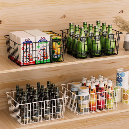 SANNO Freezer Baskets for Storage Pantry Large Metal Wire Food Storage Organizer Bin Basket with Handles - for Kitchen Cabinets, Pantry, Bathroom, Laundry Room, Closets, Garage - Chrome，2 pack