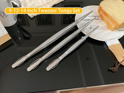 JETKONG 3 Pcs Extra Long Kitchen Tweezers 9 12 14 Inch Heavy Duty Stainless Steel Cooking Tweezers (Round Tips, Silver)