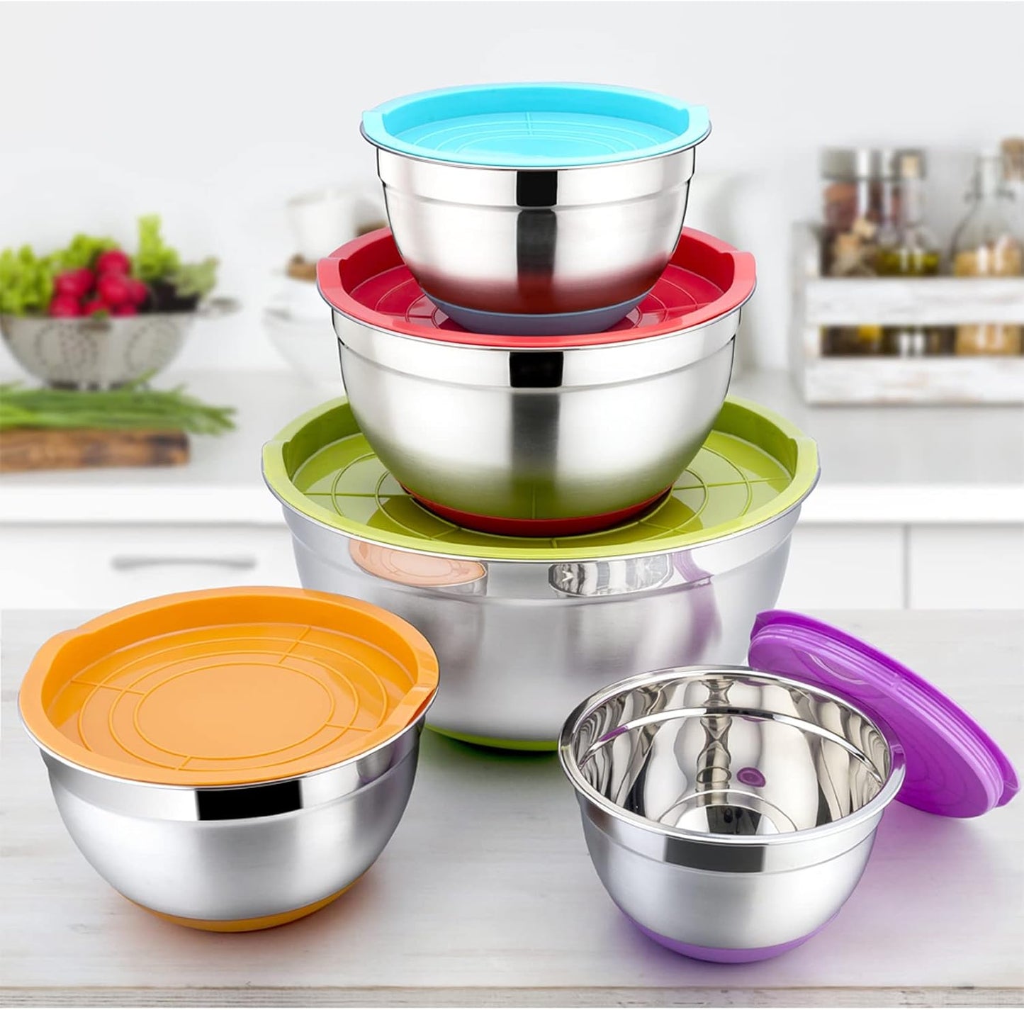 P&P CHEF Mixing Bowls with Lids Set of 5, Stainless Steel Nesting Salad Bowl with Lid & Base for Non-slip Mixing Prepping Storing Serving, 5 Sizes-7/3.5/2.5/1.5/1 QT, Khaki