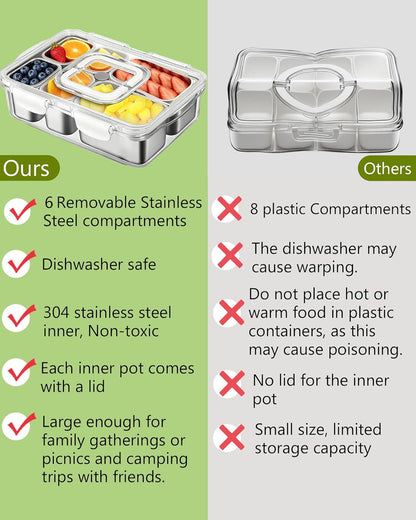 Snackle Box Container, Stainless Steel Divided Serving Tray with Lid and Handle, Large Snack Tray for Fruit Veggie Candy, 8-Compartment Snack Platter for Travel Party Beach Picnic
