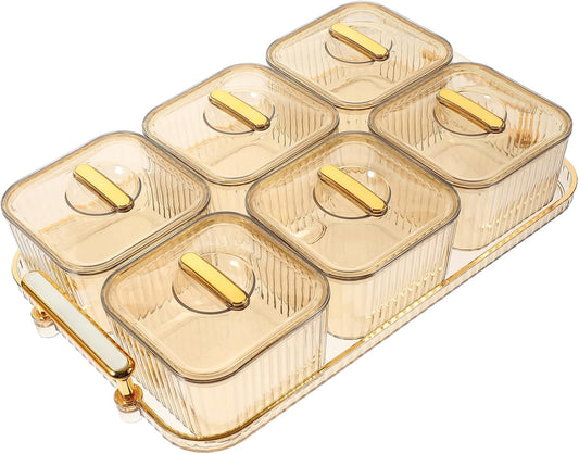 GLEAVI Snack Storage Platter with Lid 6-Compartment Clear Appetizer Serving Tray for Nuts Fruits and Snacks Party Snack Bowls Divided Dish for Home Entertaining 12.4 X 7.67 X 2.55 Inches