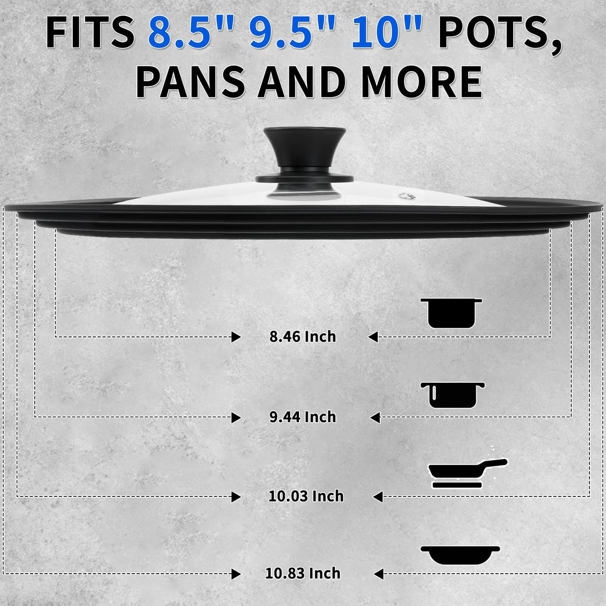 Universal Lid for Pots, Pans and Skillets - Tempered Glass Lid with Heat Resistant Silicone Rim Fits 10" - 12" Diameter Cookware, Replacement Lid for Frying Pan and Cast Iron Skillet(10"11"12")