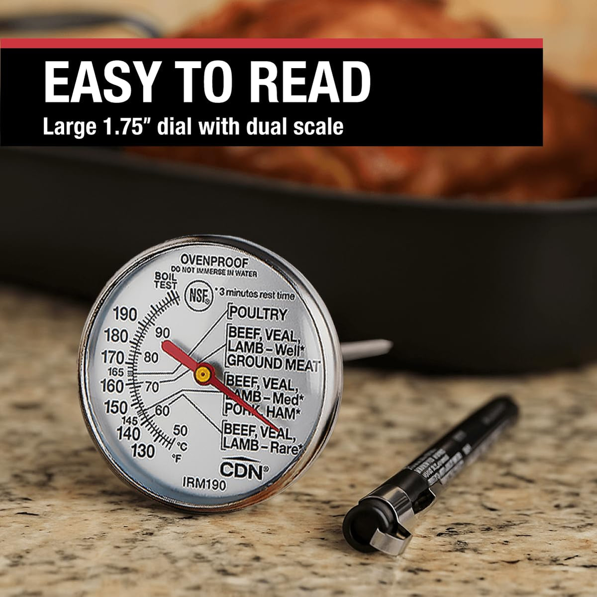 CDN Ovenproof Meat Thermometer | NSF® Certified | ProAccurate® | 1.75" Dial | For Oven & Grill Cooking | Durable Stainless Stem | Fast & Accurate Readings | IRM190