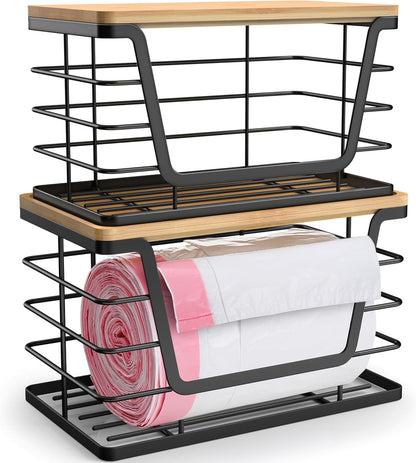 ALOCEO 2 Pack Stackable Wire Storage Basket with Bamboo Lid, Trash Bag Dispenser Under Sink for 4-13 Gal Bags, Kitchen Storage Bins for Potato and Onion, Brown