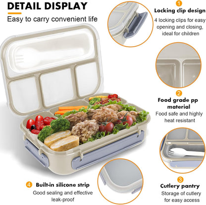 Yumuk Bento Box Adult, Lunch Box Containers for Adults Men Women, 5 Cup Bento with 4 Compartments &Spork &Sauce Box, Leak-Proof, Microwave/Dishwasher Safe(Beige)