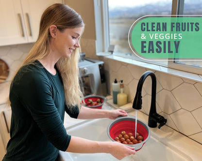 Comfify Ultimate Kitchen Strainers Set of 2 - Collapsible Silicone Colanders For Easy Storage - Use with Pasta & Veggies or as a Fruit or Berry Bowl with Strainer - Irreplaceable for Campers - Red