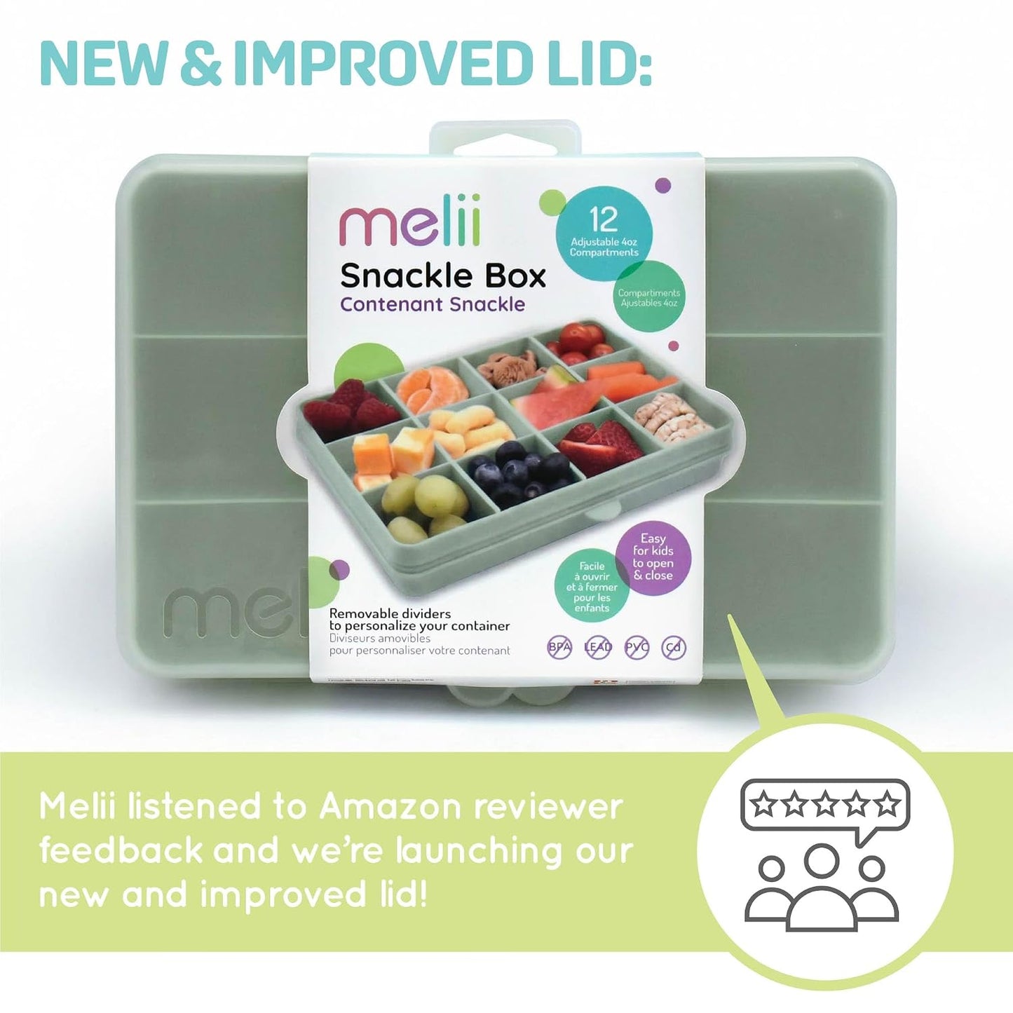 melii Snackle Box |12-Compartment Snack Container with Removable Dividers, BPA-Free Food Storage for Travel, School & On-the-Go Snacks, Kids & Family Organizer (Grey)