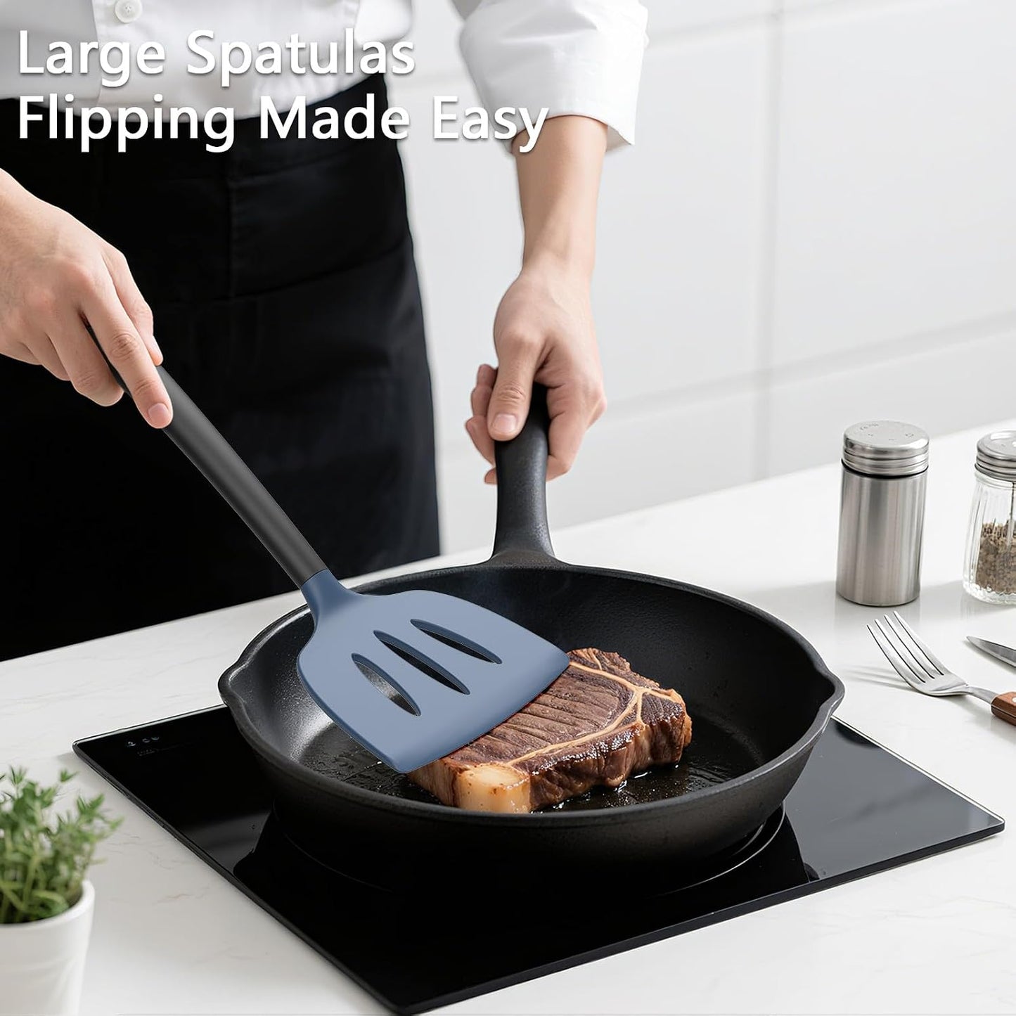 Coukre 3 Pack Silicone Spatula Set, High Heat Resistant, BPA-Free, Fish Spatula, Solid & Slotted Turner for Non-Stick Pans, Flipping Eggs, Pancakes, Fish, Burgers (3, PureBlack)